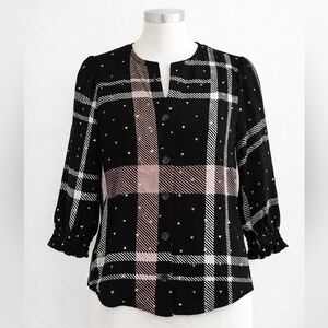 Harve Benard Plaid Button Front Blouse Gold Foil Print Small NWT